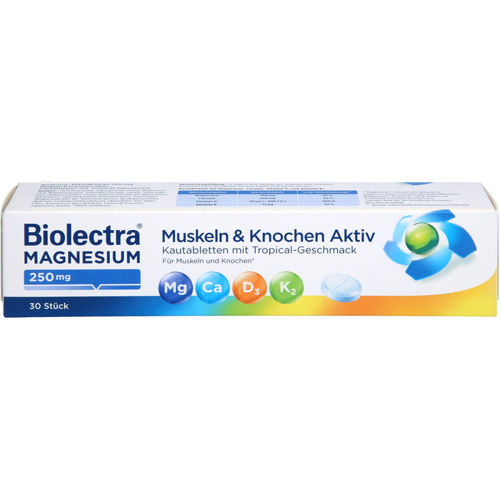 Biolectra Magnesium 250 mg Muskeln & Knochen Aktiv Kautabletten mit Tropical-Geschmack, 30 St. Kautabletten