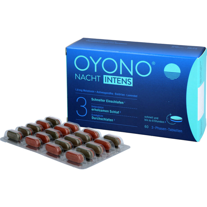 OYONO Nacht Intens 3-Phasen-Tabletten mit 1,9 mg Melatonin, Ashwagandha, Baldrian und Lavendel, 60 pcs. Tablets