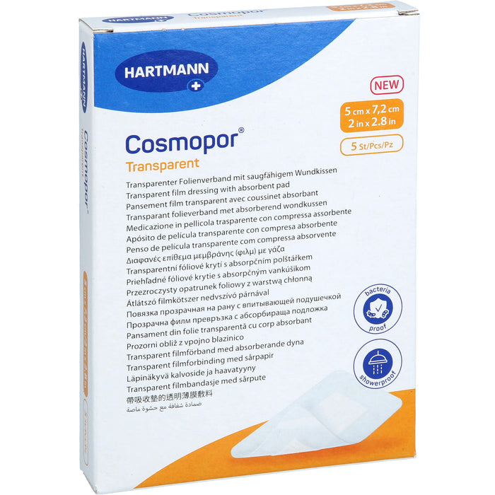 Cosmopor transparenter Folienverband mit saugfähigem Wundkissen 5 x 7,2 cm steril, 5 St. Verband